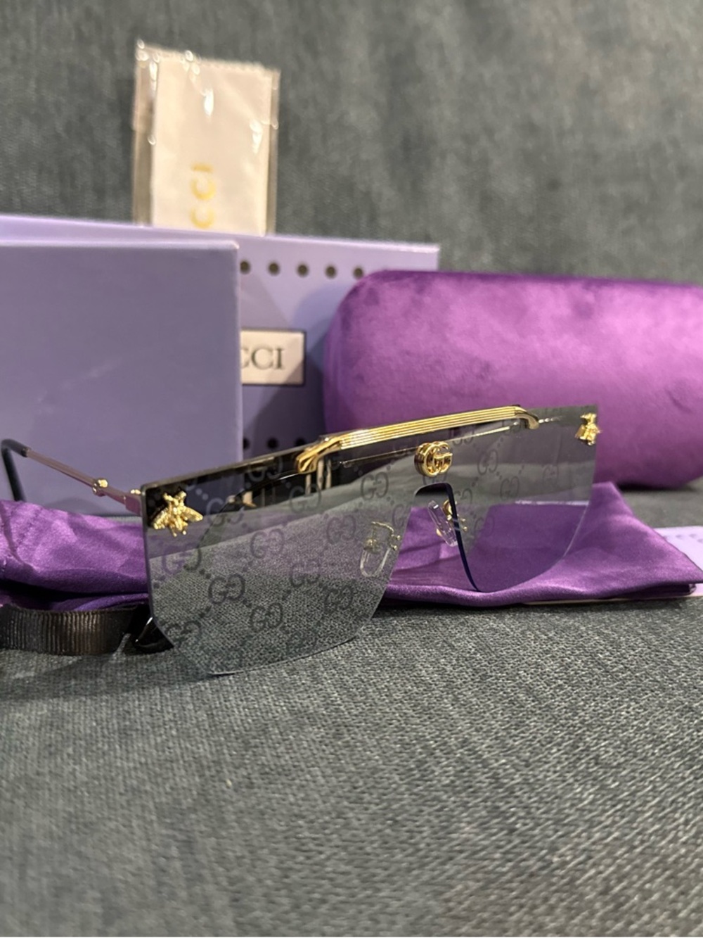 Gucci Purple Gradient GG Logo Shield Sunglasses with Gold Accents